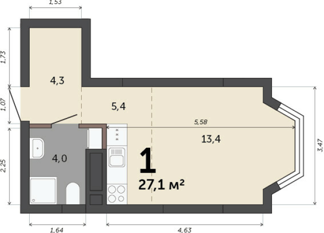 27.10 м² | 2 - 23 эт.
