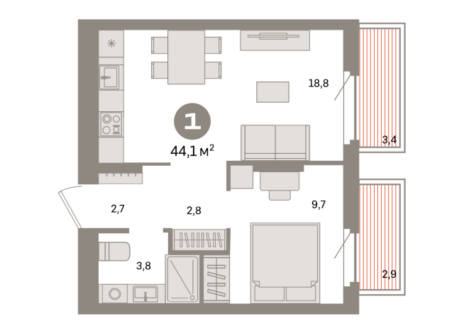 44.00 м² | 2 - 9 эт.