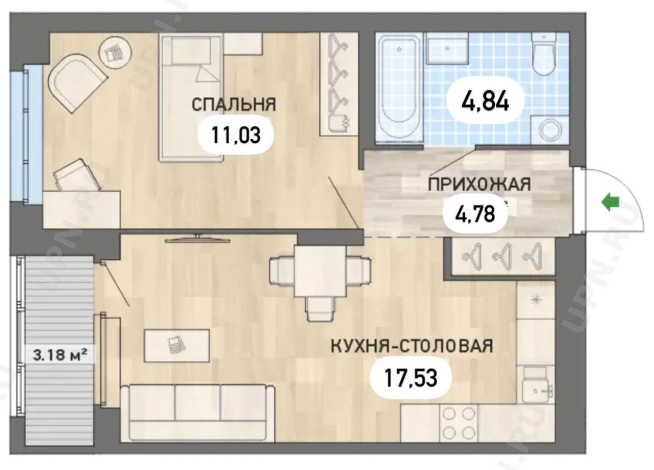 1-к квартира | 41.09 м² | 1 - 8 эт.