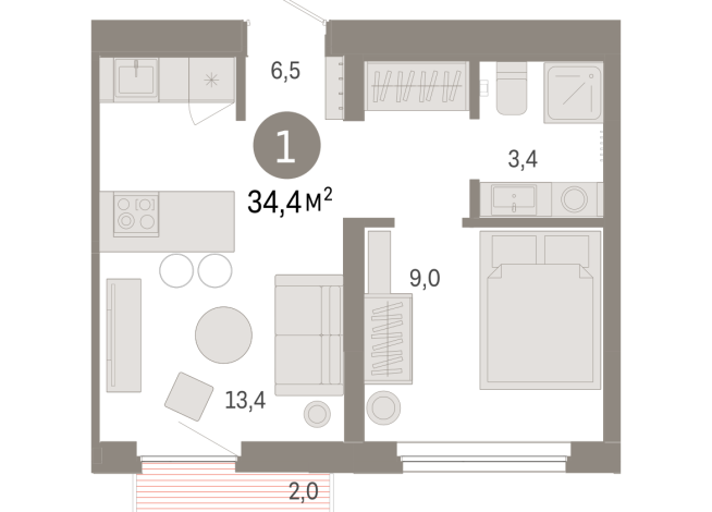 34.00 м² | 4 - 9 эт.