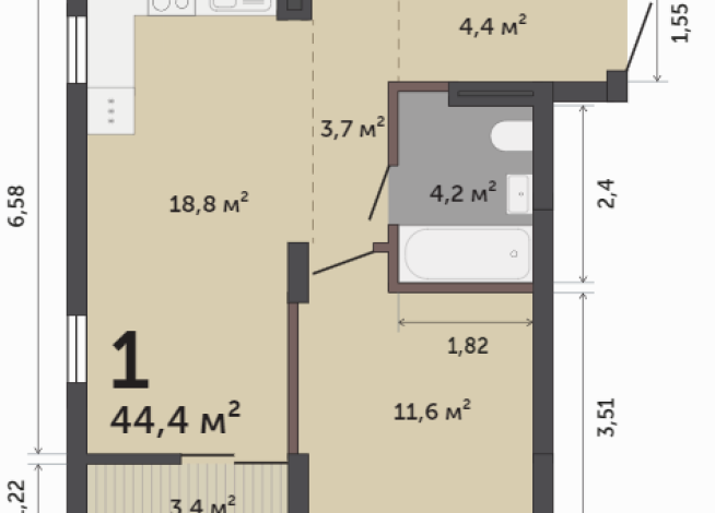 44.40 м² | 4 - 9 эт.