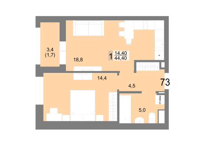 44.40 м² | 13 - 25 эт.