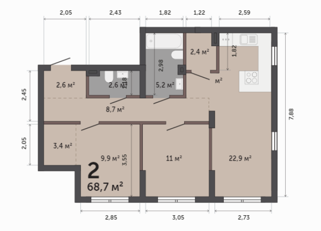 68.70 м² | 1 - 9 эт.