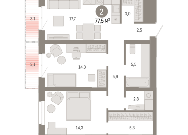 77.00 м² | 15 - 17 эт.