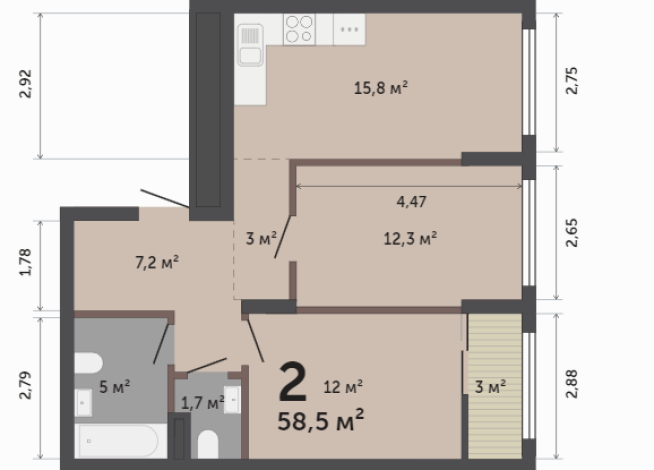 58.50 м² | 2 - 17 эт.