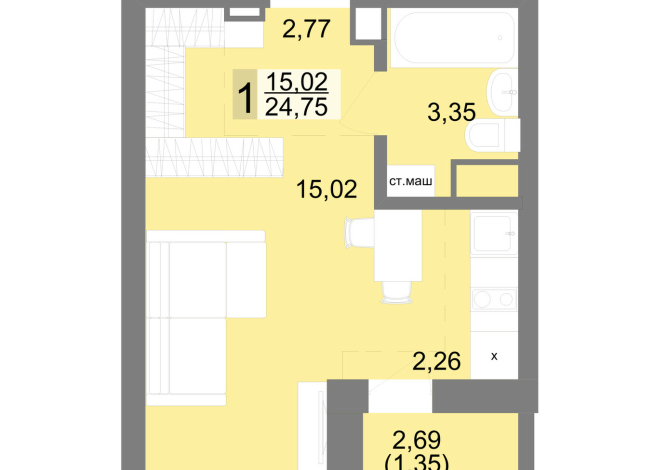 25.70 м² | 25 - 27 эт.