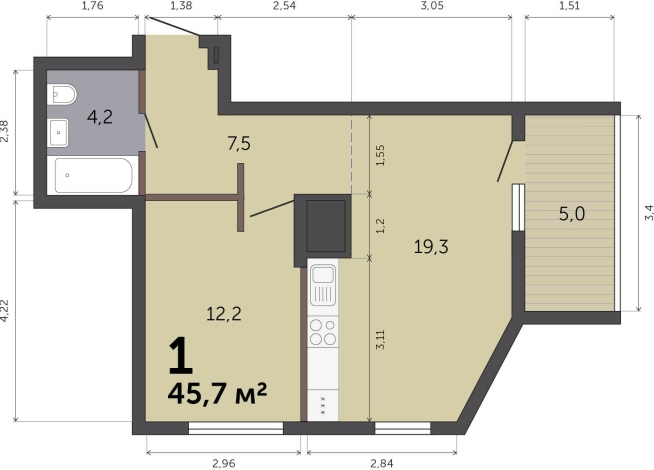 45.70 м² | 14 - 19 эт.