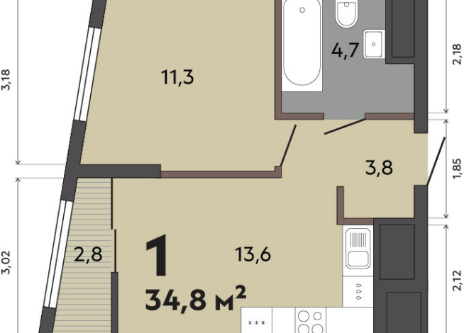 34.80 м² | 11 - 31 эт.