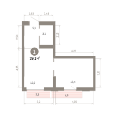 39.00 м² | 12 - 16 эт. 00