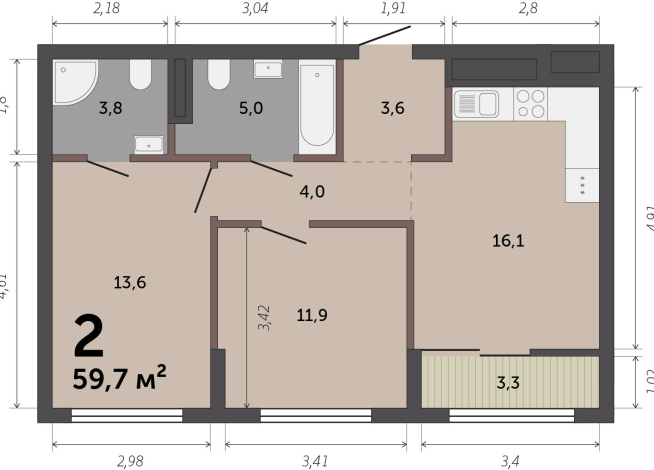 59.70 м² | 2 - 17 эт.