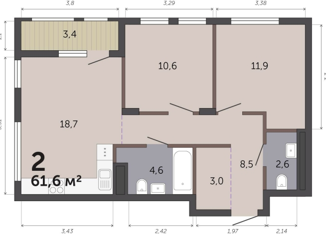 61.60 м² | 7 - 19 эт.