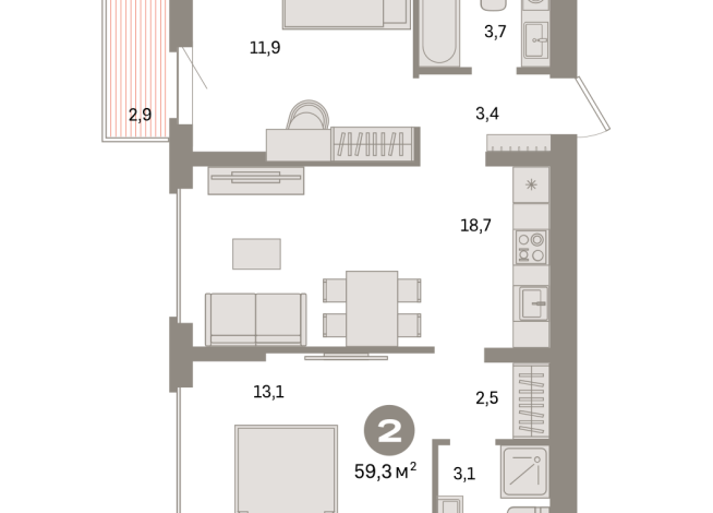 59.00 м² | 6 - 9 эт.
