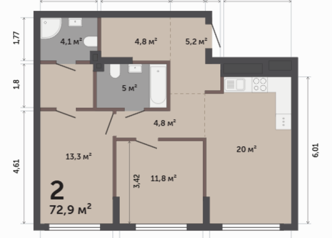 72.90 м² | 1 - 17 эт.