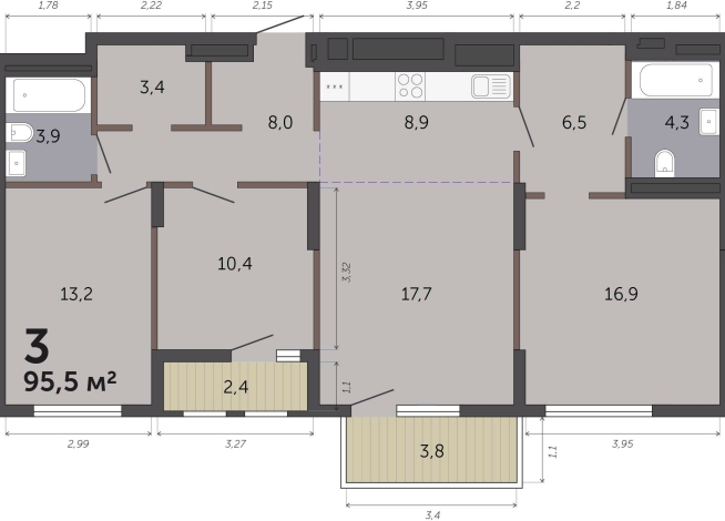 95.50 м² | 10 - 19 эт.