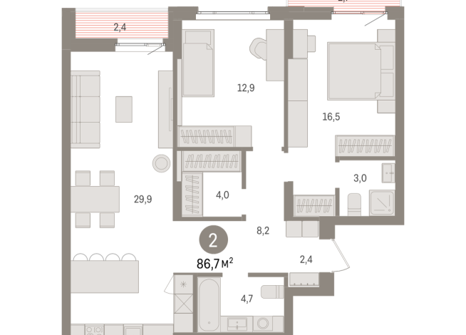 86.00 м² | 6 - 16 эт.