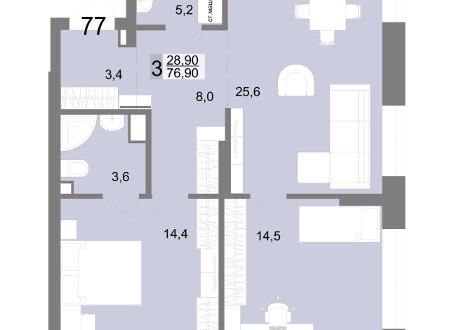 76.90 м² | 13 - 25 эт.