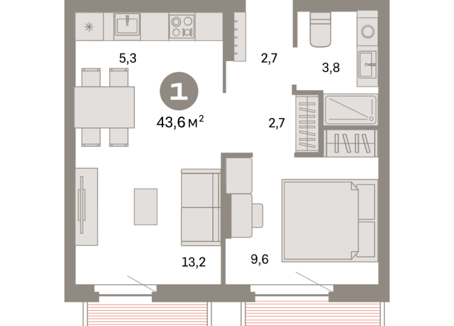 43.00 м² | 3 - 9 эт.