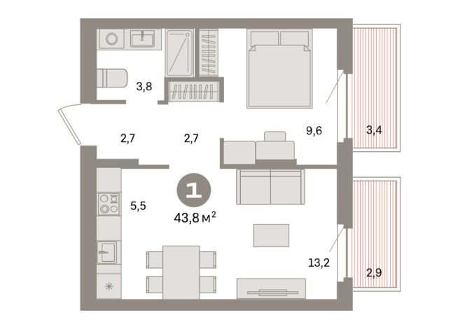 43.00 м² | 7 - 9 эт.