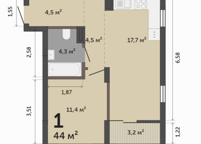44.00 м² | 4 - 9 эт.