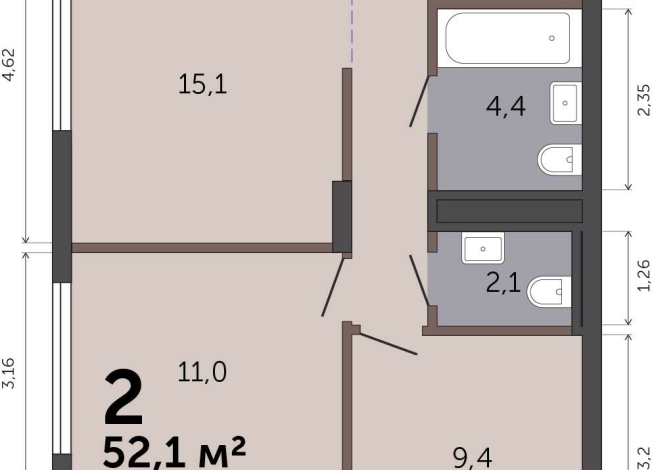 52.10 м² | 17 - 19 эт.