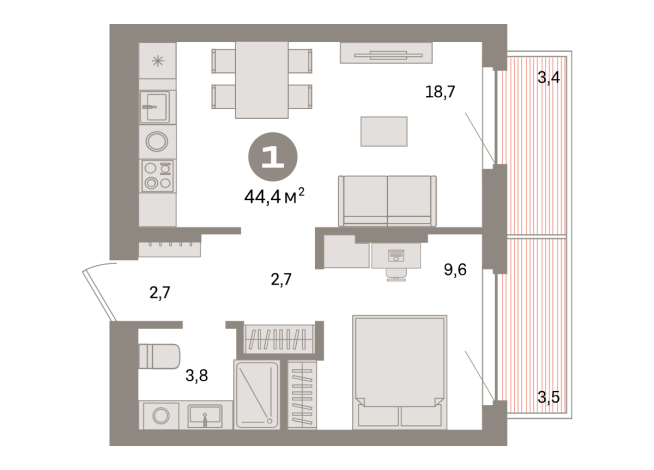 44.00 м² | 6 - 7 эт.