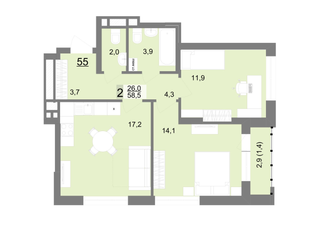 58.50 м² | 9 - 23 эт.
