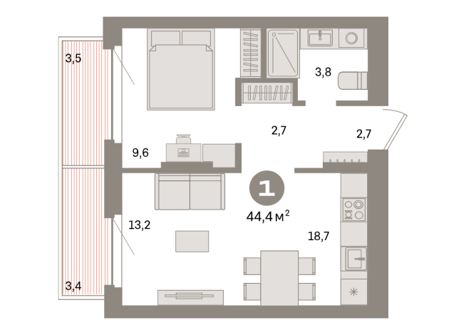 44.00 м² | 7 - 9 эт.