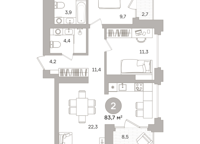 83.00 м² | 16 - 17 эт.