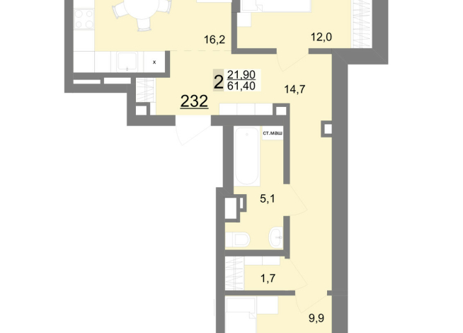 61.50 м² | 3 - 26 эт.