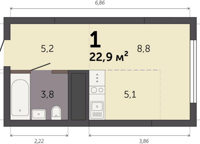 22.90 м² | 28 - 32 эт.