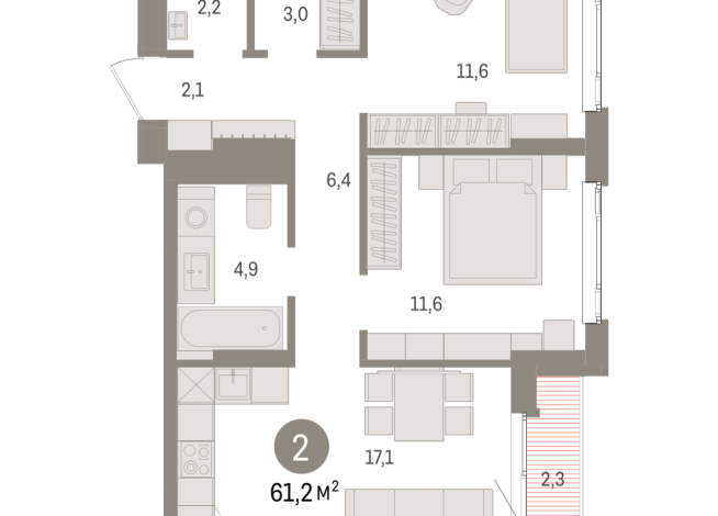 61.00 м² | 13 - 16 эт.