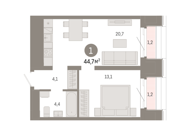 44.00 м² | 21 - 24 эт.