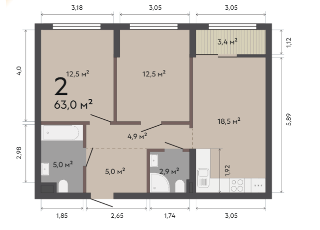 63.00 м² | 9 - 17 эт.