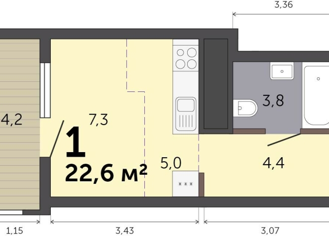 22.60 м² | 12 - 19 эт.