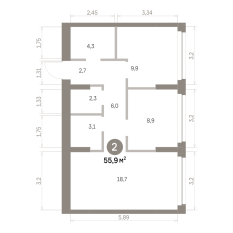 55.00 м² | 2 - 9 эт. 00