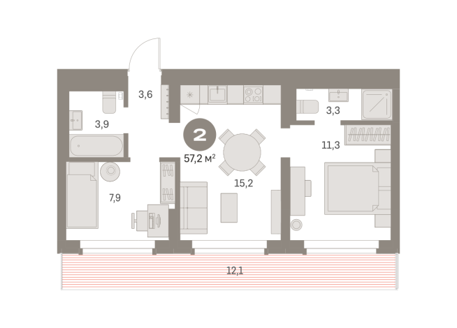 57.00 м² | 8 - 9 эт.
