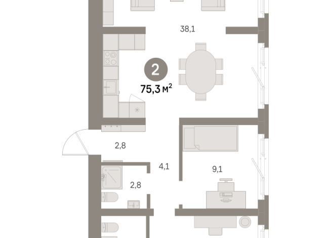75.00 м² | 1 - 9 эт.