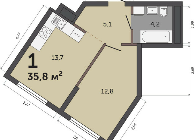 35.80 м² | 14 - 30 эт.