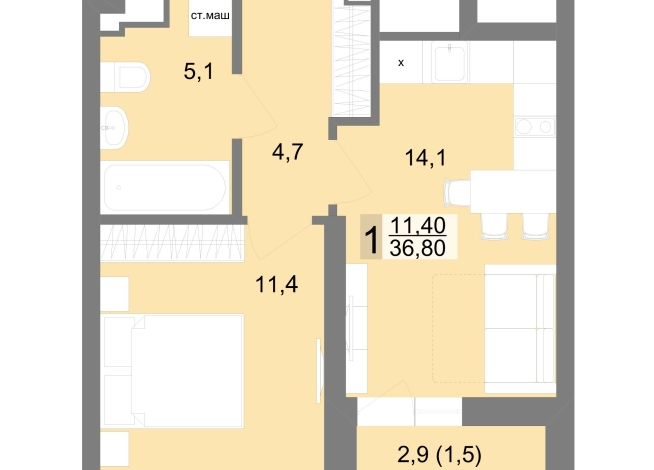 36.80 м² | 20 - 25 эт.
