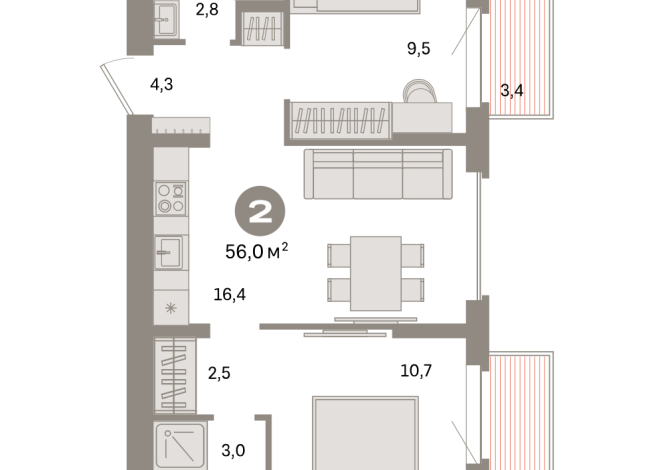 56.00 м² | 6 - 9 эт.