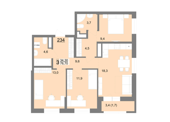 75.90 м² | 25 - 26 эт.