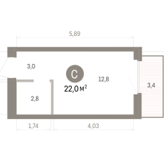 21.00 м² | 3 - 9 эт. 00