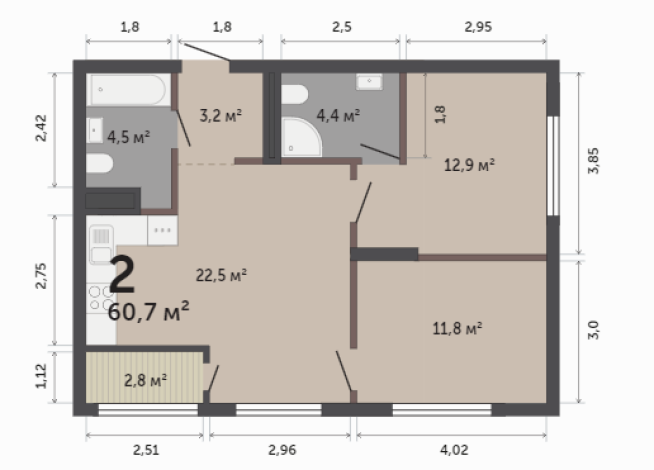 60.70 м² | 9 - 17 эт.