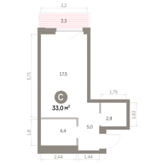 33.00 м² | 4 - 16 эт. 00