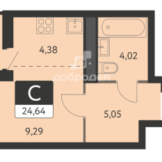 1-к квартира | 25.00 м² | 26 - 31 эт. 01