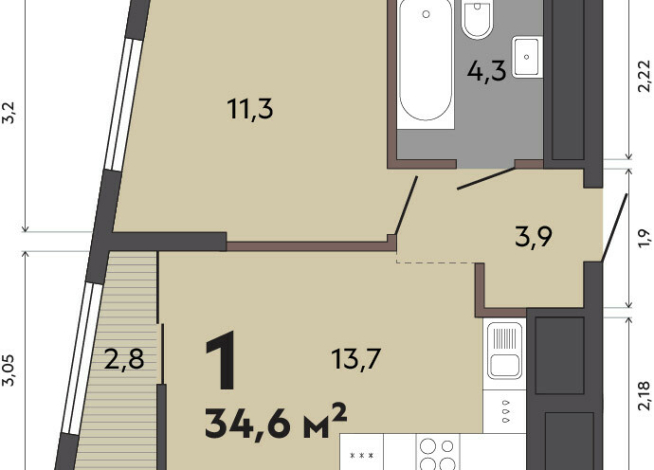 34.60 м² | 22 - 31 эт.