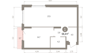 56.00 м² | 9 - 16 эт.