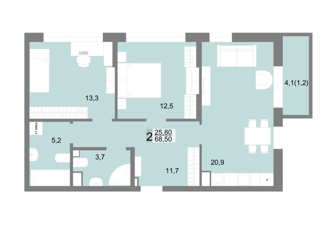 68.50 м² | 3 - 25 эт.