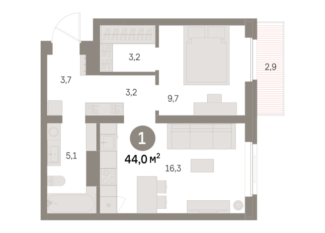 43.00 м² | 6 - 9 эт.