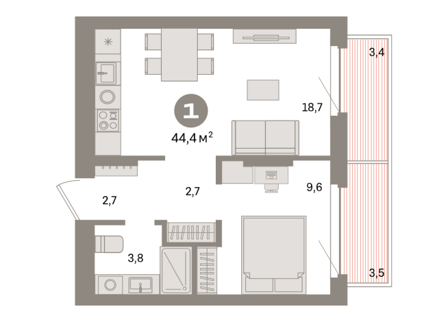 44.00 м² | 4 - 7 эт.